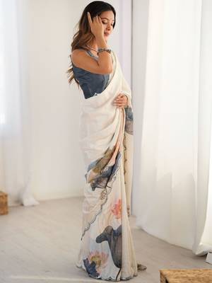 Off white floral sequinned pure chiffon saree 2