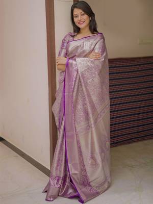 Purple woven design zari silk blend saree 1