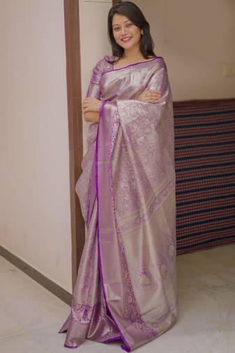 Purple woven design zari silk blend saree