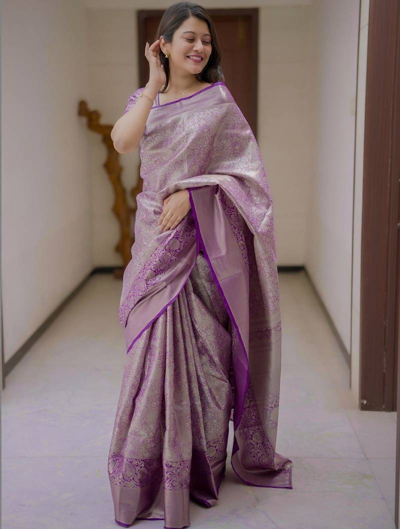 Purple woven design zari silk blend saree