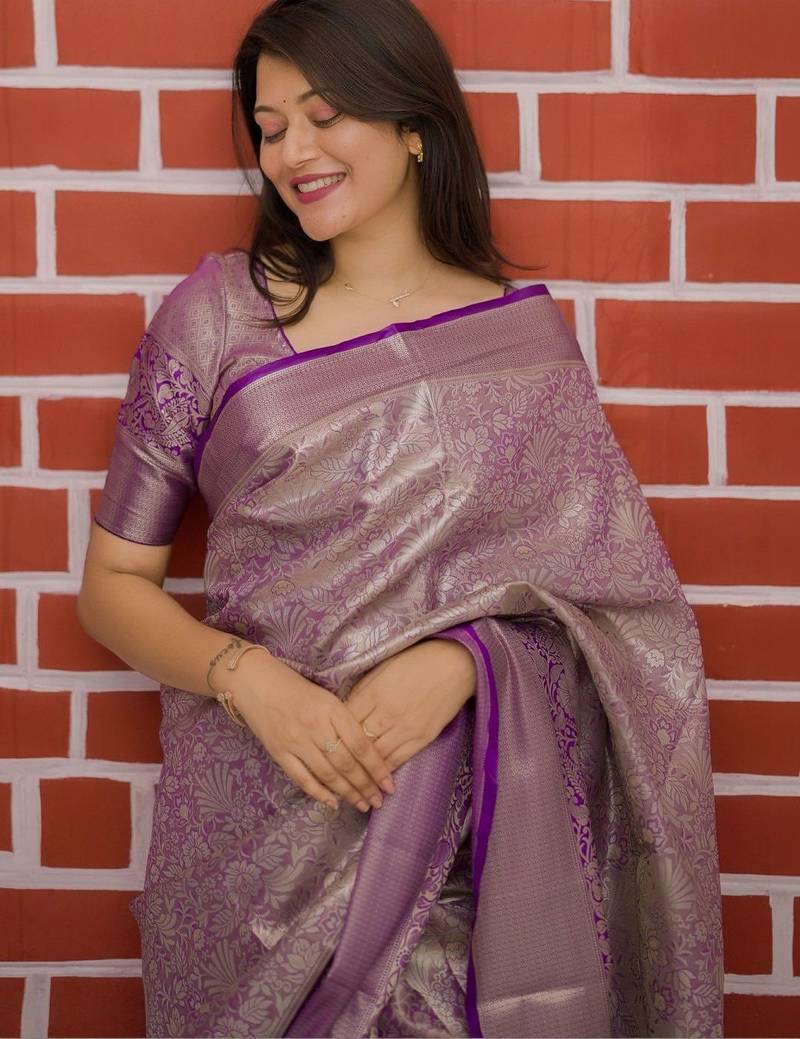 Purple woven design zari silk blend saree