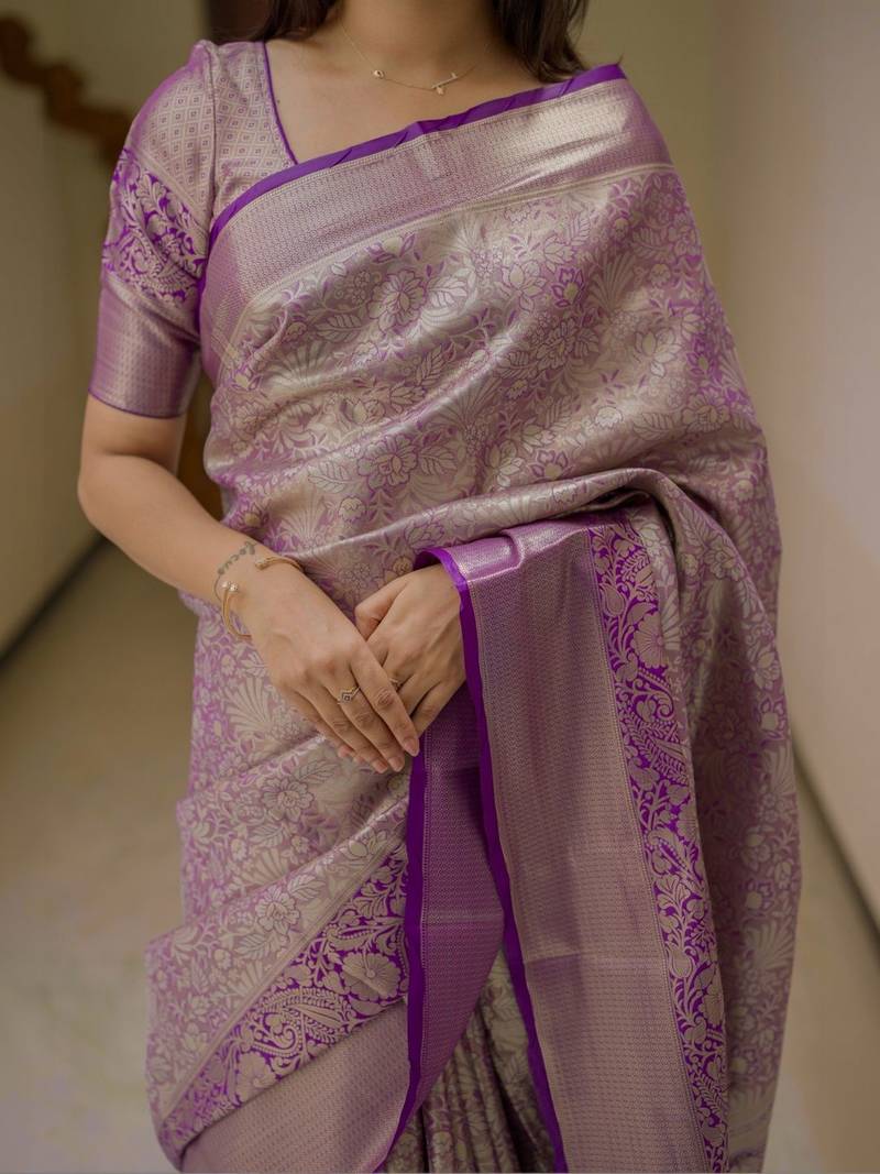 Purple woven design zari silk blend saree