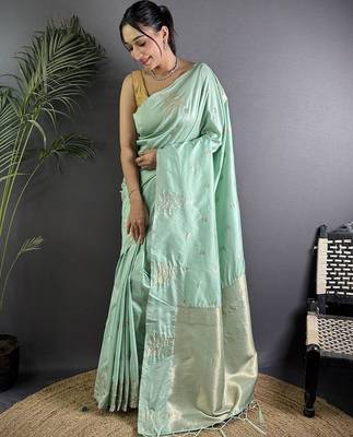 Sea green woven design soft lichi silk saree with flower weaving and matching blouse piece 1