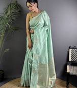 Sea green woven design soft lichi silk saree with flower weaving and matching blouse piece