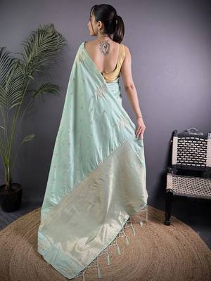 Sea green woven design soft lichi silk saree with flower weaving and matching blouse piece 3