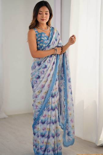 Multicolor floral mirror work pure chiffon saree