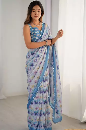 Multicolor floral mirror work pure chiffon saree