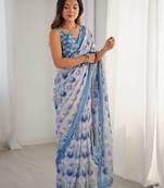 Multicolor floral mirror work pure chiffon saree