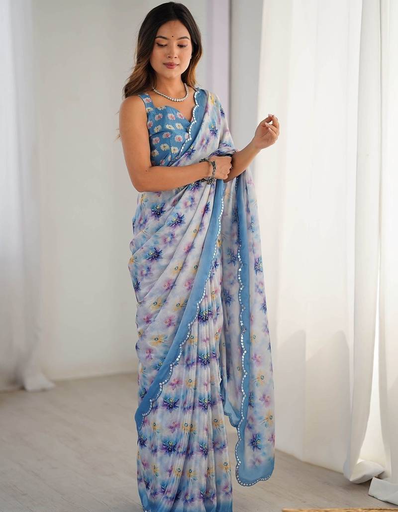 Multicolor floral mirror work pure chiffon saree