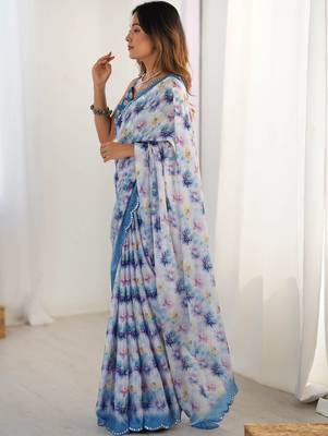 Multicolor floral mirror work pure chiffon saree 2