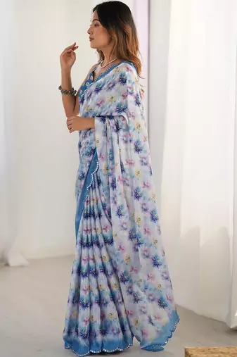 Multicolor floral mirror work pure chiffon saree