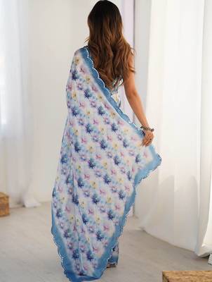 Multicolor floral mirror work pure chiffon saree 3