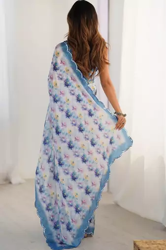 Multicolor floral mirror work pure chiffon saree