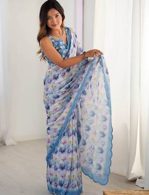 Multicolor floral mirror work pure chiffon saree 4