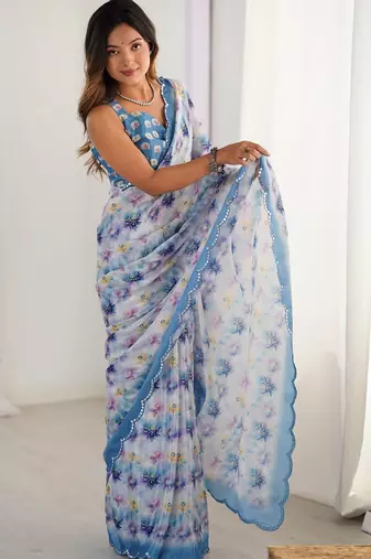 Multicolor floral mirror work pure chiffon saree