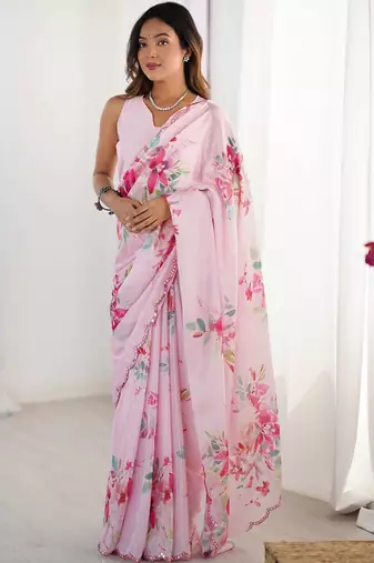 Pink floral sequinned pure chiffon saree