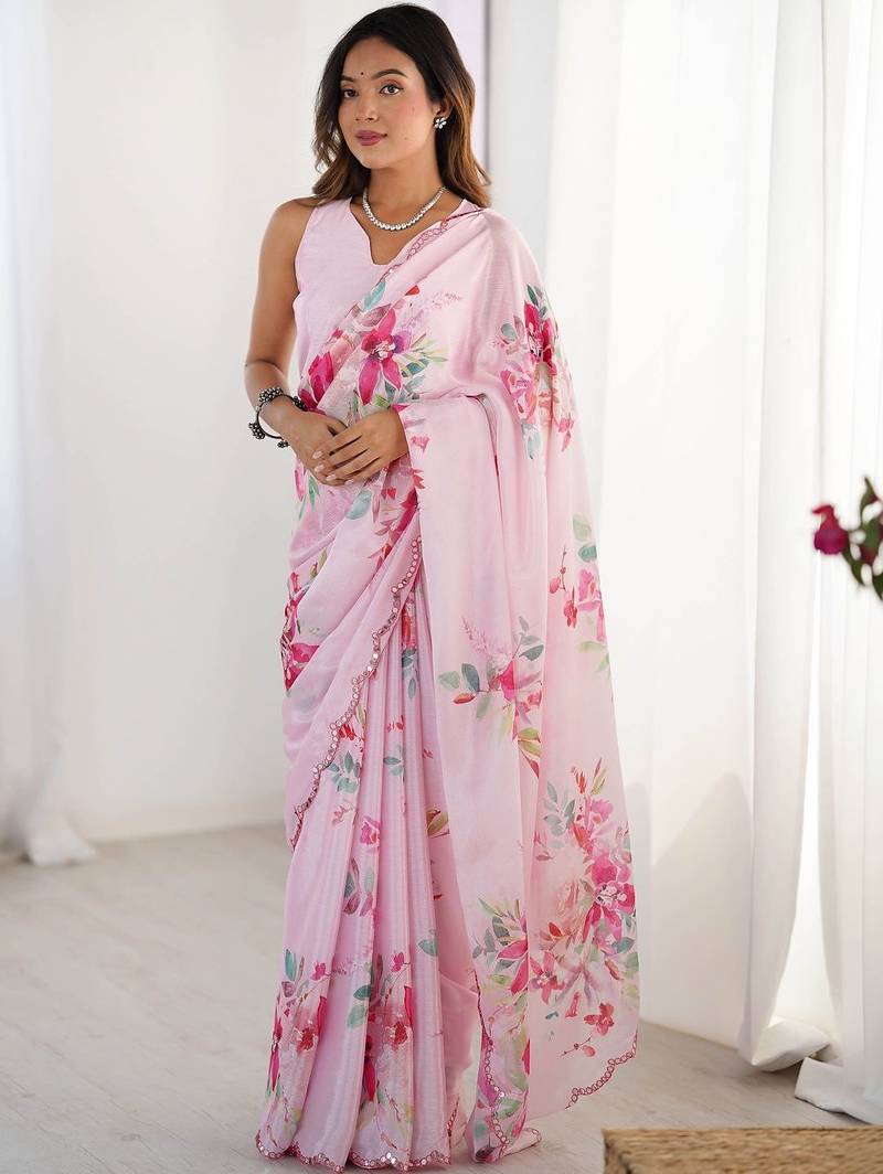 Pink floral sequinned pure chiffon saree