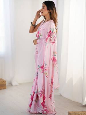 Pink floral sequinned pure chiffon saree 2
