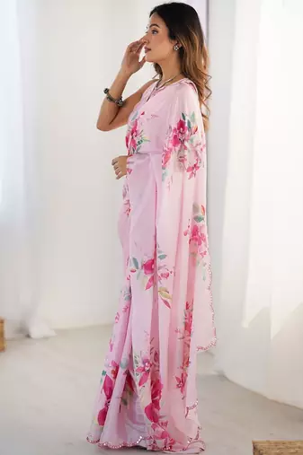 Pink floral sequinned pure chiffon saree
