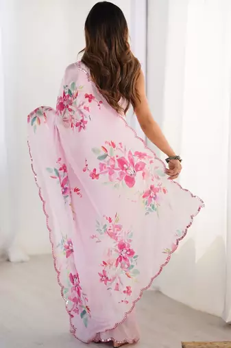 Pink floral sequinned pure chiffon saree