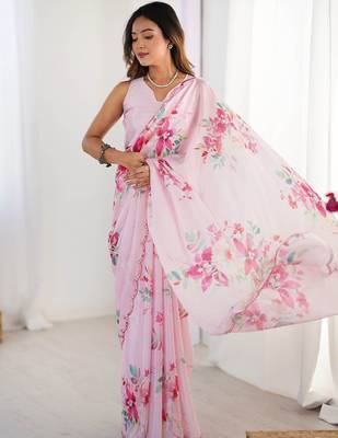 Pink floral sequinned pure chiffon saree 4