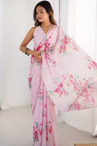 Pink floral sequinned pure chiffon saree