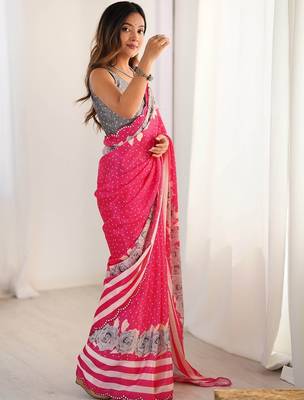Pink floral sequinned pure chiffon saree 2