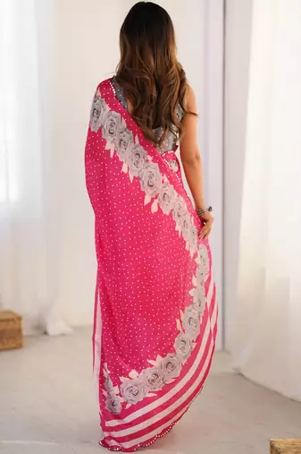Pink floral sequinned pure chiffon saree