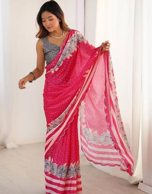 Pink floral sequinned pure chiffon saree 4