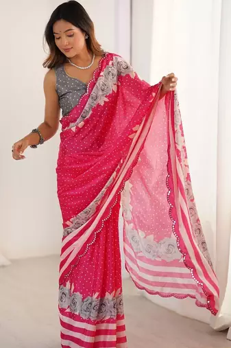 Pink floral sequinned pure chiffon saree