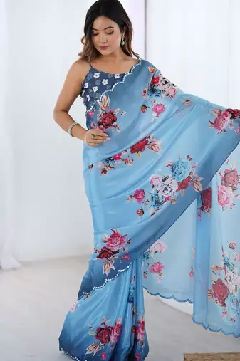 Blue floral sequinned pure chiffon designer saree