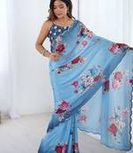 Blue floral sequinned pure chiffon designer saree