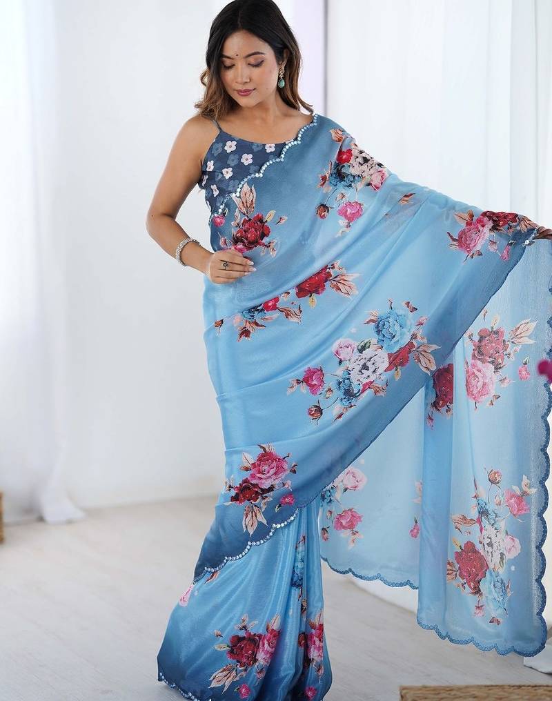 Blue floral sequinned pure chiffon designer saree