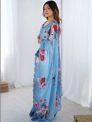 Blue floral sequinned pure chiffon designer saree 2