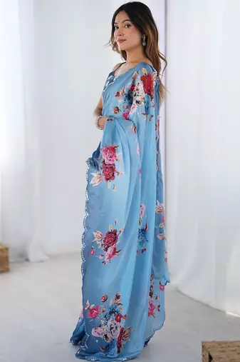 Blue floral sequinned pure chiffon designer saree