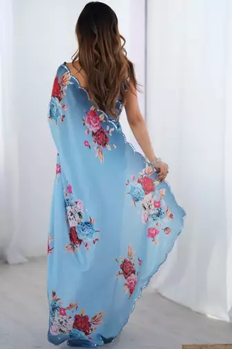 Blue floral sequinned pure chiffon designer saree