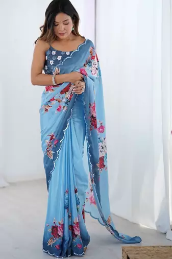 Blue floral sequinned pure chiffon designer saree