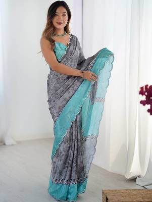 Grey floral sequinned pure chiffon designer ikat saree 1