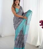 Grey floral sequinned pure chiffon designer ikat saree