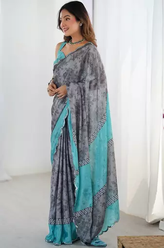 Grey floral sequinned pure chiffon designer ikat saree