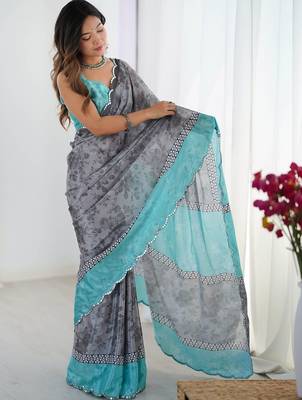 Grey floral sequinned pure chiffon designer ikat saree 4