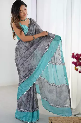 Grey floral sequinned pure chiffon designer ikat saree