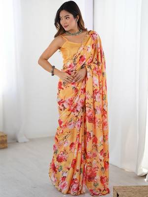 Yellow floral sequinned pure chiffon designer saree 1