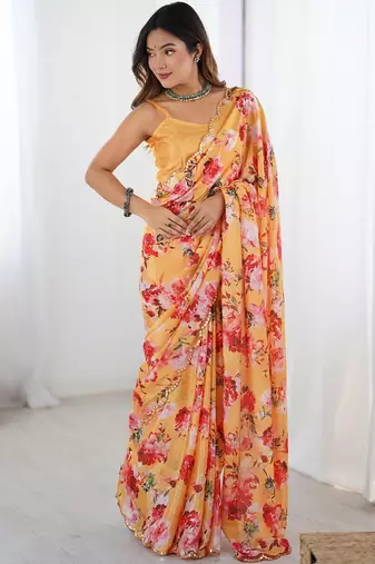 Yellow floral sequinned pure chiffon designer saree