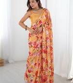 Yellow floral sequinned pure chiffon designer saree