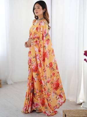 Yellow floral sequinned pure chiffon designer saree 2