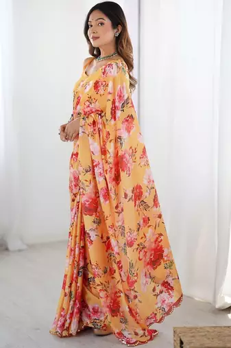 Yellow floral sequinned pure chiffon designer saree