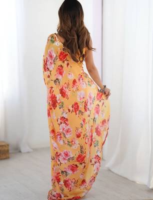 Yellow floral sequinned pure chiffon designer saree 3