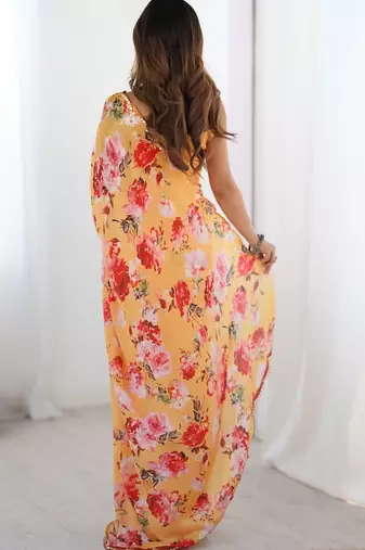 Yellow floral sequinned pure chiffon designer saree