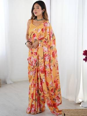 Yellow floral sequinned pure chiffon designer saree 4